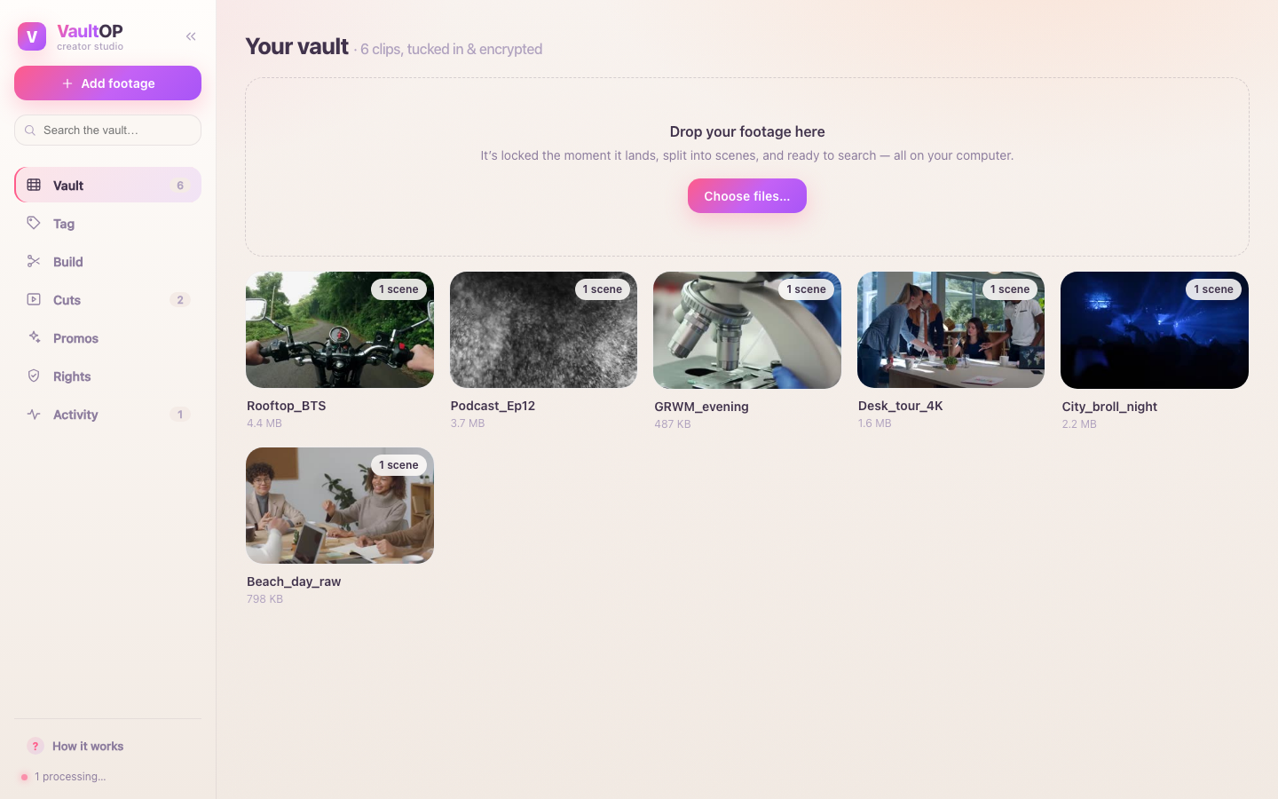 The Vaultly vault — encrypted clips, scene-split and searchable